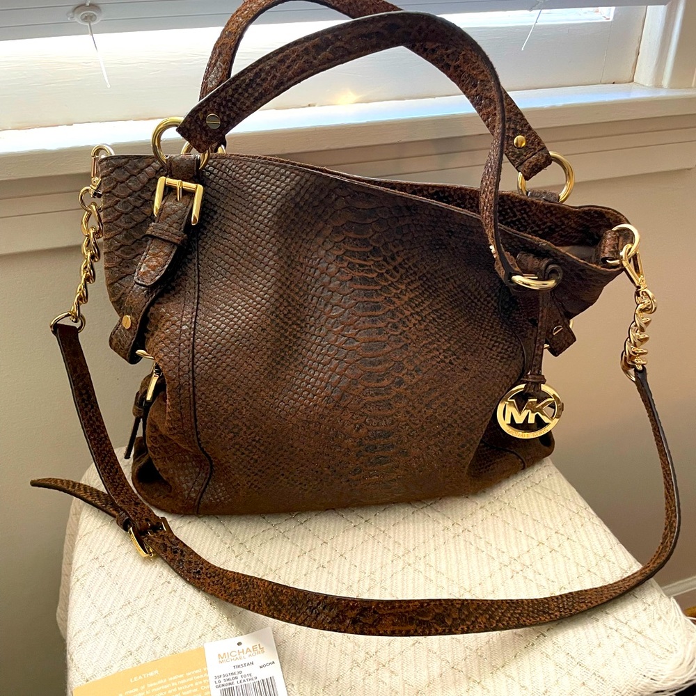 Michael Kors Tristan Python Brown Leather Shoulder Bag Mocha